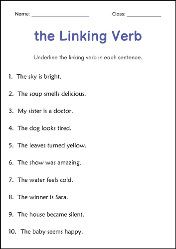 Linking Verbs and Predicate Words - Grammar Practice Worksheets for Grade 2, 3