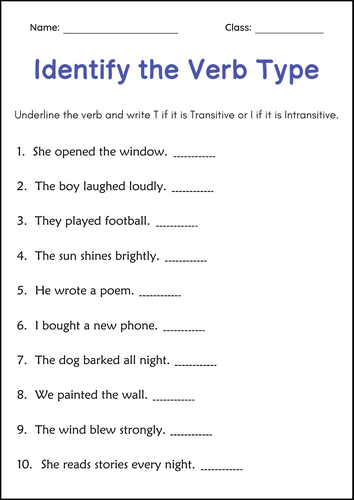 Transitive and Intransitive Verbs Grammar Worksheets for Grade 1, 2, 3