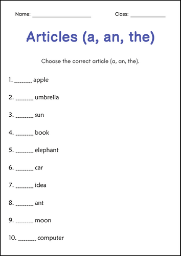 Articles and Proper Adjectives Grammar Worksheets for Grade 1, 2, 3
