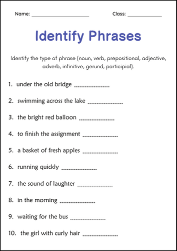 Phrases and Clauses Grammar Worksheets for Grade 1, 2, 3