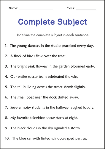 Simple & Complete Subjects and Predicates Grammar Worksheets for Grade 1, 2, 3