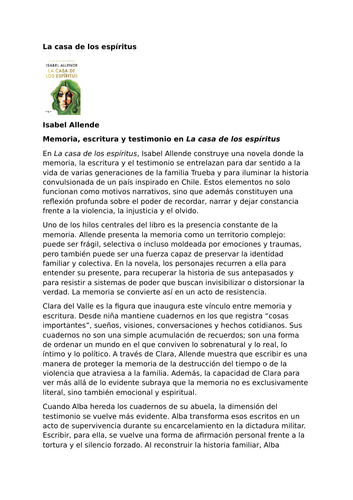 La casa de los espíritus – Isabel Allende – Memory, Writing, and Testimony