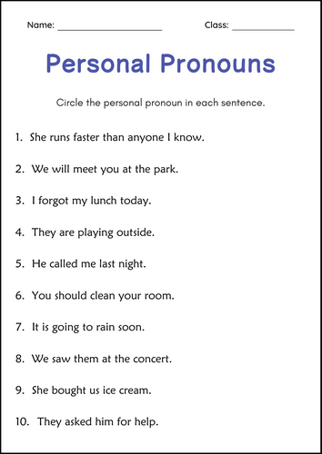 Personal Pronouns, Possessive Pronouns, Indefinite Pronouns Grammar Worksheets