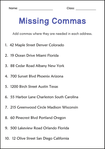 Commas in Addresses Grammar Worksheets for Grade 1, 2, 3