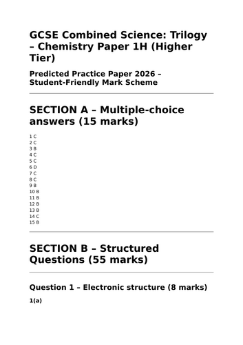 AQA Chemistry Predicted Exam for 2026 (Combined Science)