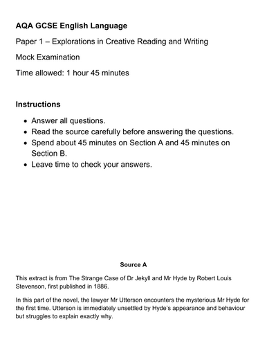 AQA GCSE English Language Paper 1 Full Mock Exam (Jekyll & Hyde Extract + Q1–Q5)
