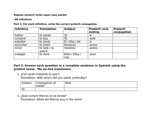 Regular preterit verbs super easy packet (Spanish)