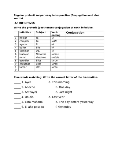 Regular preterit sooper easy intro practice (Conjugation and clue words)