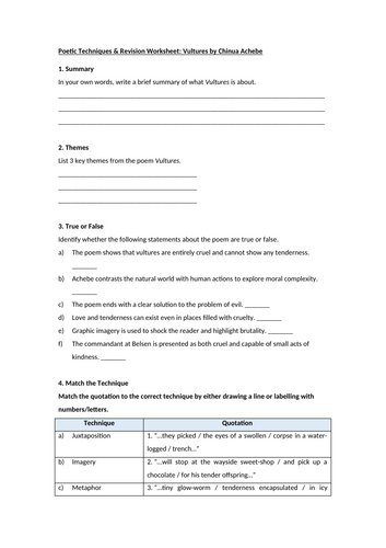 Vultures by Chinua Achebe Worksheet