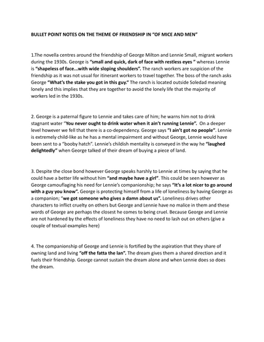 BULLET POINT NOTES ON THE THEME OF FRIENDSHIP IN "Of Mice and Men"