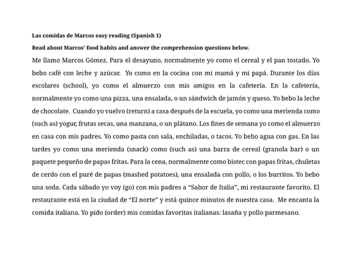 Las comidas de Marcos easy reading (Spanish 1)