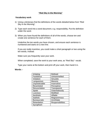 Red Sky in The Morning Vocabulary Activity