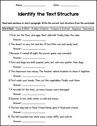 Text Structure Worksheets - Reading Activities 2nd 3rd 4th 5th 6th Grade