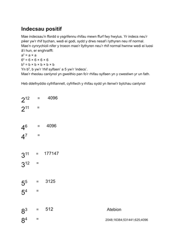 MATHEMATEG Blwyddyn 8: Indecsau - taflen waith (gydag atebion)