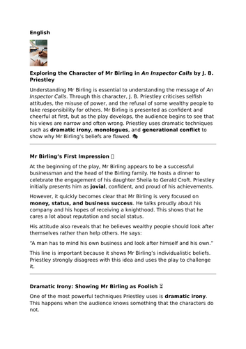 Exploring the Character of Mr Birling in An Inspector Calls by J. B. Priestley