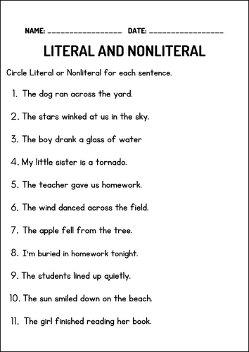 Figurative Language Worksheets literal and nonliteral language