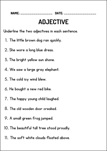 Adjectives Grammar Worksheets and Activities for 1st 2nd 3rd Grade
