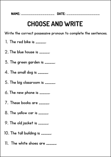 Possessive Pronouns – Grammar Practice Worksheets and Activities