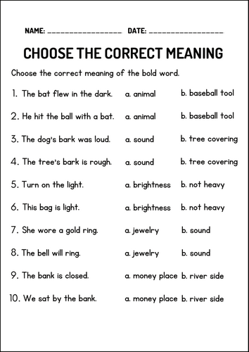 Multiple Meaning Words & Homonyms Activity Worksheets