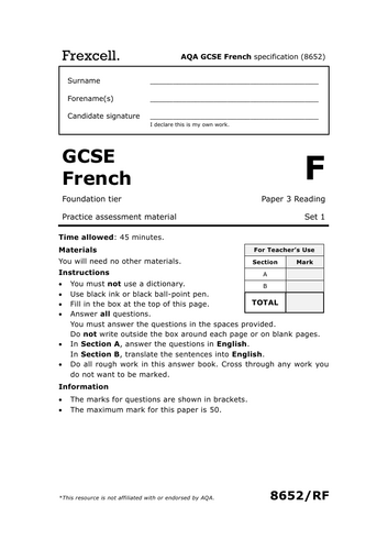 AQA GCSE French (2026) – Foundation Reading Practice Paper (Set 1)
