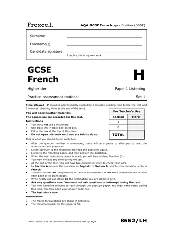AQA GCSE French (2026) – Higher Listening Practice Paper (Set 1)