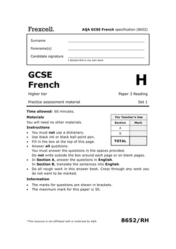AQA GCSE French (2026) – Higher Reading Practice Paper (Set 1)