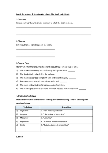 The Shark by E.J. Pratt Worksheet
