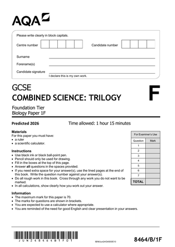 AQA Combined Science Trilogy Foundation Predicted Biology Exam B1F 2026