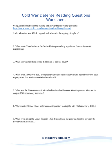 Cold War Detente Reading Comprehension Worksheet