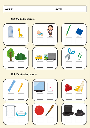Comparing Heights: Tick the Taller and Shorter Picture