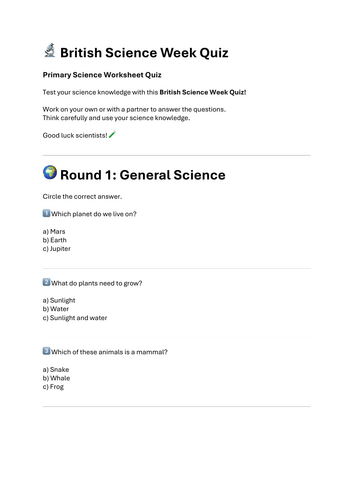 British Science Week Quiz – Primary Science Quiz Worksheet with Answers (KS1 & KS2)