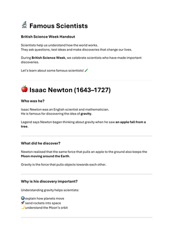 Famous Scientists Worksheet – British Science Week Reading and Activities (Primary Science)