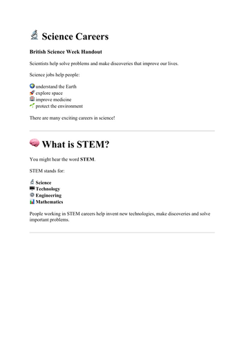 Science Careers Worksheet – STEM Jobs Activity for British Science Week (Primary Science)