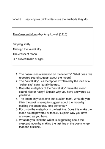 KS2 KS3 Short poem homeworks cover similes metaphors reading writing