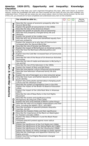 AQA GCSE History – America 1920–1973, Revision Checklists
