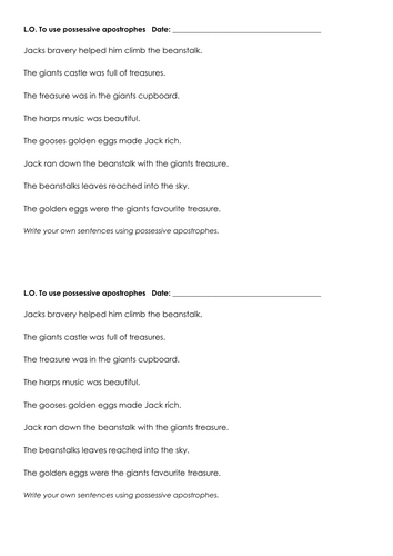 Possessive apostrophes Y2 SPaG worksheet