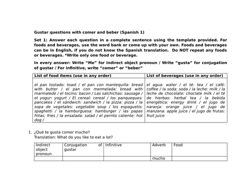 Gustar questions with comer and beber (Spanish 1)
