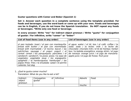 Gustar questions with comer and beber (Spanish 1)