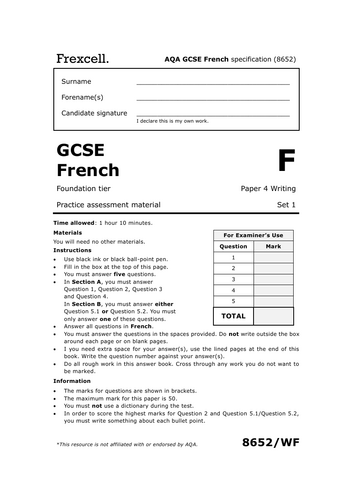 AQA GCSE French (2026) – Foundation Writing Practice Paper (Set 1)