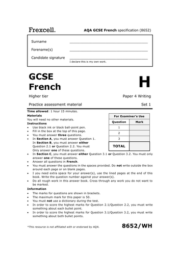 AQA GCSE French (2026) – Higher Writing Practice Paper (Set 1)