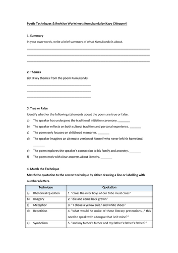 Kumukanda by Kayo Chingonyi  Worksheet