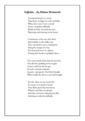 Daffodils - William Wordsworth Reading Comprehension
