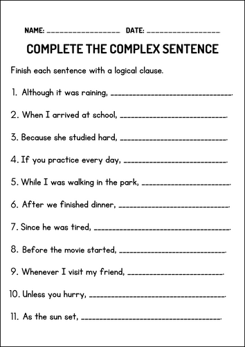 Complex Sentences and Sentence Variation - Grammar Worksheets