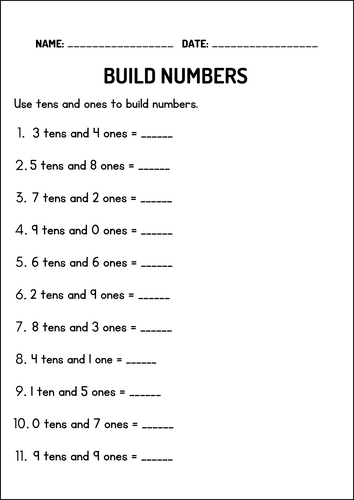Understanding Place Value Tens and Ones Worksheets