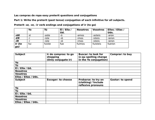 Las compras de ropa easy preterit questions and conjugations