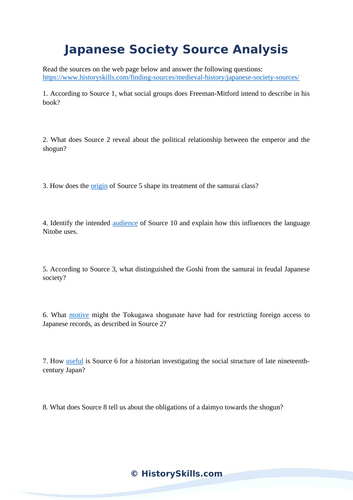 Feudal Japanese Society Source Analysis Worksheet