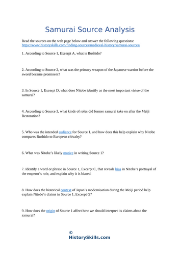 Japanese Samurai Source Analysis Worksheet