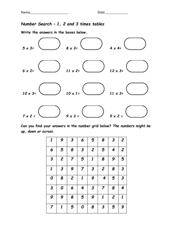 KS2 Maths 1,2 and 3 times tables Number Search Puzzle