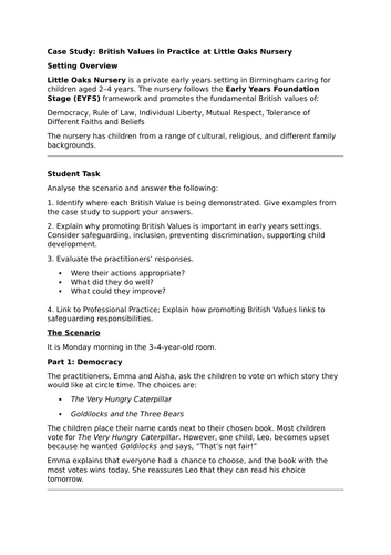 British values in early years case study work sheet