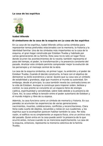 La casa de los espíritus – Isabel Allende - Symbolism of the Corner House